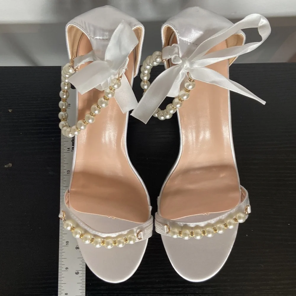 Women white 4” platform open toe pearls, tie ankle satin more pearls SZ 10 EU 41 - Picture 6 of 7